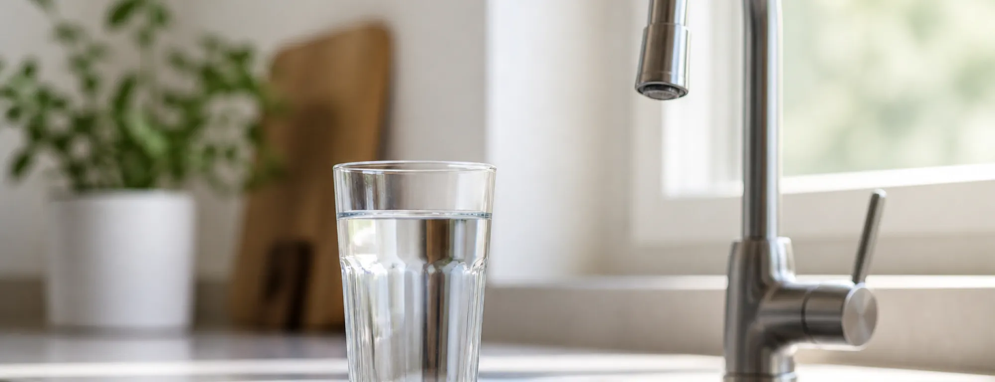 A clear glass of tap water sits on a clean kitchen countertop beside a modern faucet, illuminated by soft natural light, representing everyday access to drinking water.