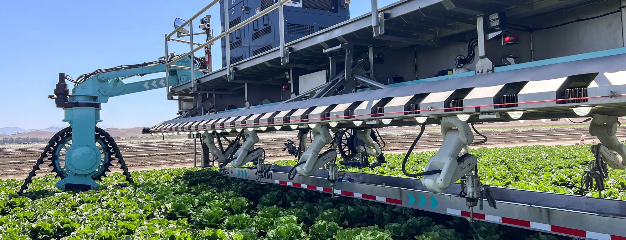 Agricultural automation equipment is demonstrated in a leafy greens field during UC ANR Innovate's Coastal Veg Field Day in the Salinas Valley