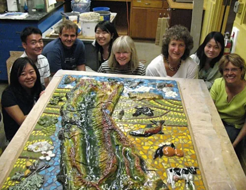 “California's Gold” artists include (from left) students Stacy Matsuura, Joji Kume, Frank Sousa, Lesli Hamamoto, community member Joy Elson, professor Diane Ullman, alumna Feiyian Yoong and community member Barbara Engel.