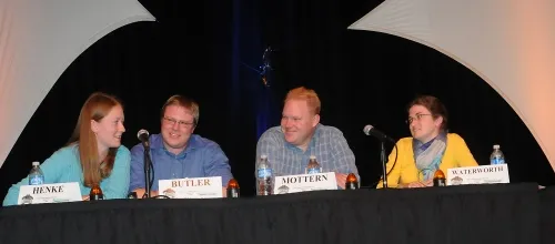 PONDERING A QUESTION are (from left) the UC Riverside team of Jennifer Henke, Casey Butler, Jason Mottern and Rebeccah Waterworth. UC Riverside won the Linnaean Games. (Photo by Kathy Keatley Garvey)