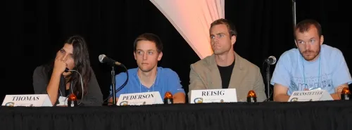 UC DAVIS TEAM--Pondering a question are (from left) Hillary Thomas, Andrew Pedersen, Dominic Reisig and Michael Branstetter. Pederson and Reisig study with their major professor Larry Godfrey, who was on the University of Kentucky championship team in 1983 that won the second annual Linnean Games. Thomas' major professor is Frank Zalom and Branstetter's major professor is Phil Ward. (Photo by Kathy Keatley Garvey)