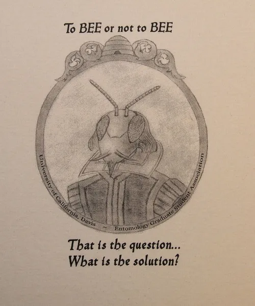 CLOSE-UP of Randy Veirs' drawing shows a Shakespearean bee in period costume. (Photo by Kathy Keatley Garvey)