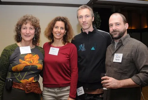 AT THE RECEPTION--From left are entomologist Diane Ullman, associate dean of Undergraduate Academic Programs, College of Agricultural and Environmental Sciences, and co-director of the UC Davis Art/Science Fusion experimental learning program; artist Catherine Chalmers; and UC Davis Department of Art faculty members Matthias Geiger and Darrin Martin. (Photo by Kathy Keatley Garvey)