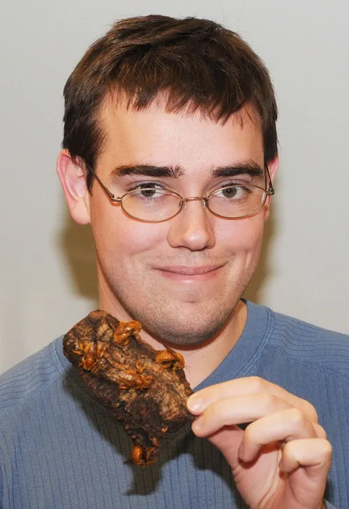 CHUNK OF WOOD--Brian Turner, public outreach coordinator at the Bohart Museum of Entomology, shows a chunk of wood swarming with Valley carpenter bees (males). The females are black and the males are a golden hue with green eyes. (Photo by Kathy Keatley Garvey)