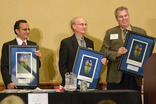 WINNING TEAM members from the UC Cooperative Extension include (from left) Luis Espino, farm advisor, Colusa County; Jim Thompson, Cooperative Extension specialist, UC Davis Department of Biological and Agricultural Engineering, and Chris Greer, farm advisor, Sutter-Yuba counties. (Photo by Leslie Morris, Morris Photo Images)