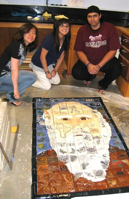 UC DAVIS STUDENTS (from left) Angela Kaczmarczyk, Danielle Chavez and Ricardo Calles with "The Face of Darwin." They were among the students working on the project. (Photo courtesy of Diane Ullman)