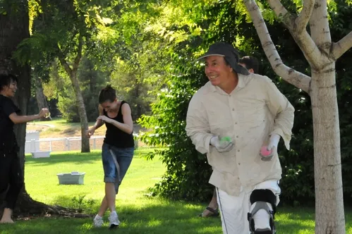 BRUCE HAMMOCK knows how to dodge water balloons and he'll do so again Friday at Bruce's Big Balloon Battle at Briggs at UC Davis. (Photo by Kathy Keatley Garvey)