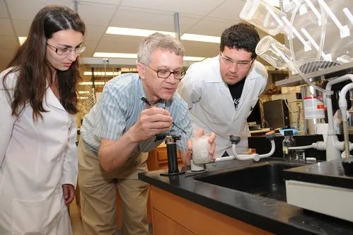 CHEMICAL ECOLOGIST Walter Leal (center) works with Aline Guidolin (left) and Diogo Vidal, two young scientists from Brazil. (Photos by Kathy Keatley Garvey)