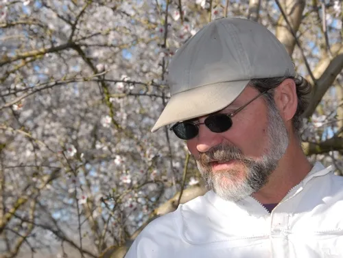 CLOSE-UP of Kim Fondrk of UC Davis in a Dixon, Calif. almond orchard. (Photo by Kathy Keatley Garvey)