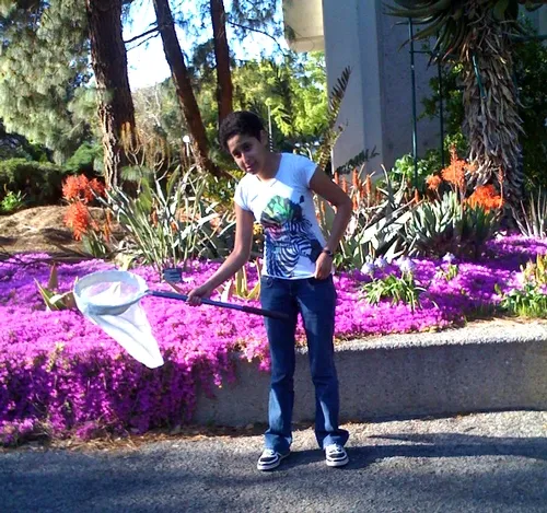 NET ACTION--UC Davis student Joseline Saldivar practices for a video clip on "How to Make an Insect Collection." (Photo by Kathy Keatley Garvey)
