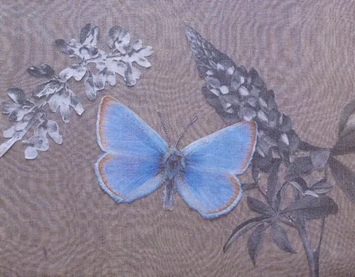 THIS PIECE, "Disappearing Mission Blue," by visual artist Carol Newborg of the San Francisco Bay Area is one of the ecoart works displayed this weekend in the Marin Civic Center Auditorium and Exhibit Hall, San Rafael. Entrance to the show, which continues through Sunday, is free.