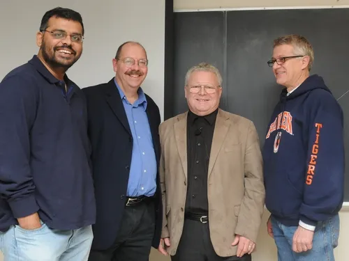 World-renowned organic chemist Wittko Francke (second from right) met with UC Davis researchers following his presentation on Wednesday at a UC Davis Department of Entomology seminar. From left are chemical ecologist Zain Syed of the Walter Leal lab; chemical ecologist and forest entomologist Steve Seybold of the USDA Forest Service, Pacific Southwest Research Station, Davis, and an affiliate of the UC Davis Department of Entomology; Wittko Francke; and chemical ecologist Walter Leal, professor and former c