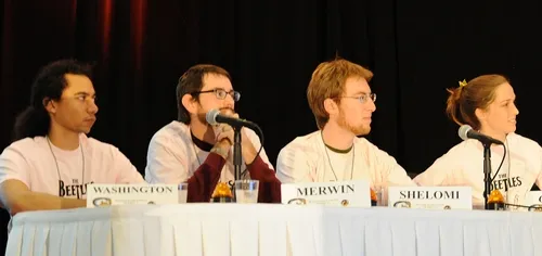 UC DAVIS Linnaean Team listens to a question. From left are Ralph Washington, Andrew Merwin, Matan Shelomi and Meredith Cenzer. The team narrowly lost to the Ohio State team, which advanced to the finals and defeated the University of Nebraska to win the championship. (Photo by Kathy Keatley Garvey)