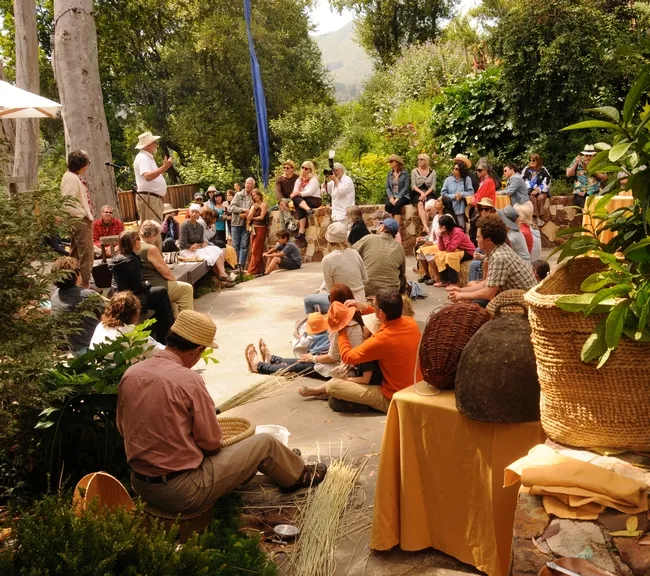 Hillside crowd listens to Robbin Thorp, emeritus professor of UC Davis, talk about native bees. (Photo by Kathy Keatley Garvey)