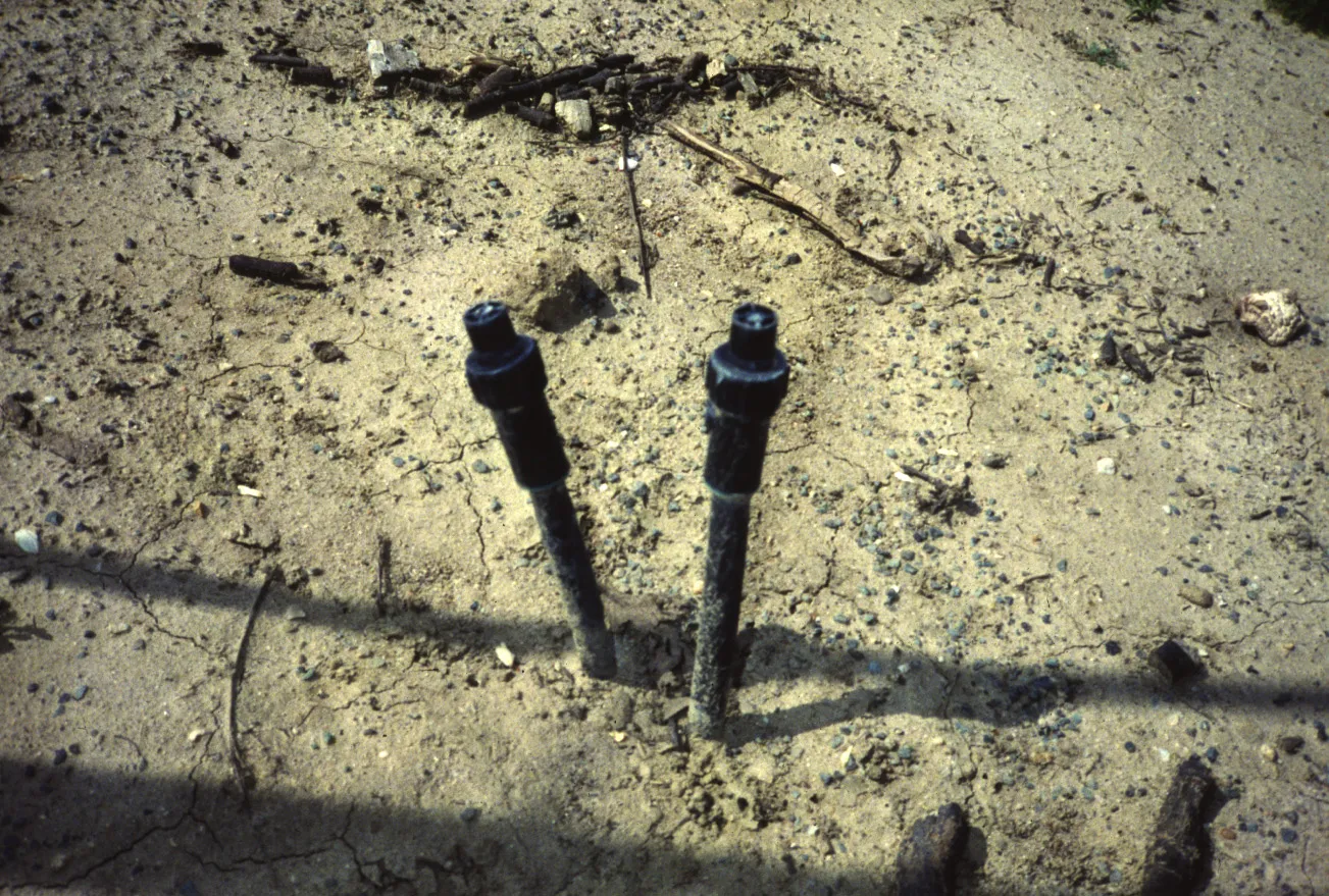 Self-flushing end caps on the lateral ends of an orchard subsurface drip system Photo L. Schwankl.