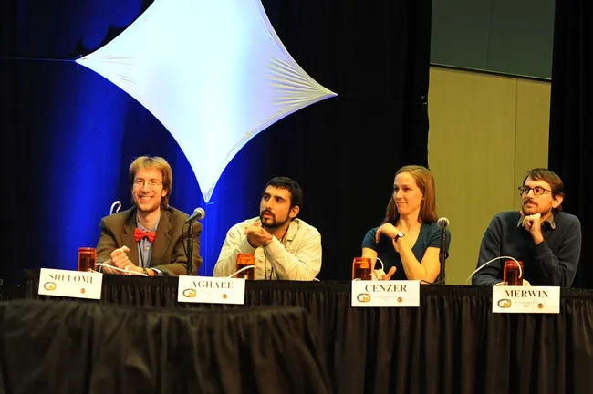 UC Davis team of Matan Shelomi, Mohammad-Amir Aghaee, Meredith Cenzer and Andrew Merwin competed in the semi-finals. (Photo by Kathy Keatley Garvey)