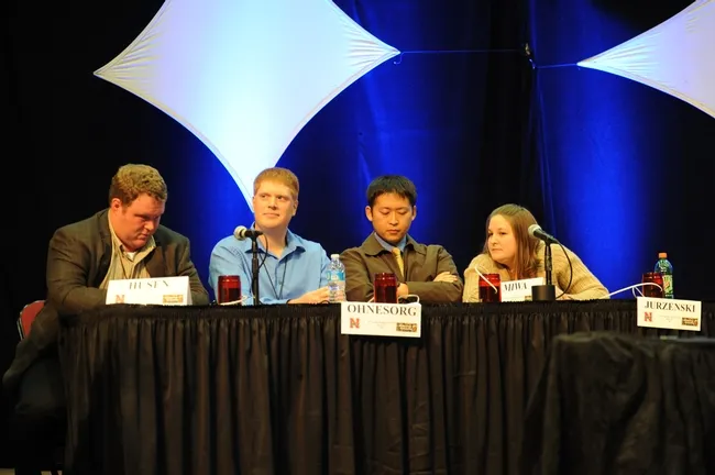 Tim Husen, Wayne Ohnesorg, Ken Miwa, and Jess Jurzenski of the University of Nebraska pondering a question. They went on to win the championship. (Photo by Kathy Keatley Garvey)