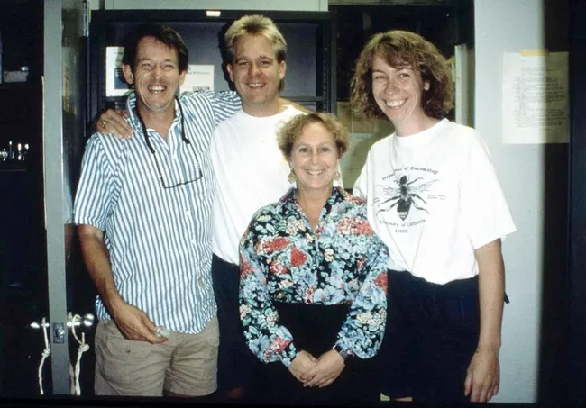 Kelli Hoover (front center) received her doctorate from the UC Davis Department of Entomology in 1997. She's shown here in 1993 with (from left) major professor Sean Duffey (1943-1997), Billy McCutchen and Bryony Bonning. (Courtesy Photo)