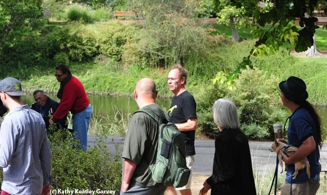 Tour guide Steve Daubert (center, in black t-shirt, talks butterflies. (Photo by Kathy Keatley Garvey)