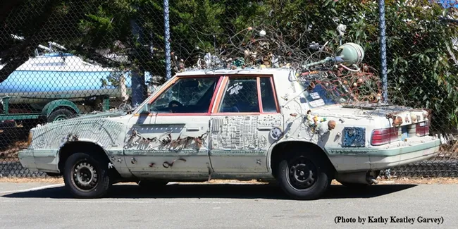 Art car holds many treasures. (Photo by Kathy Keatley Garvey)