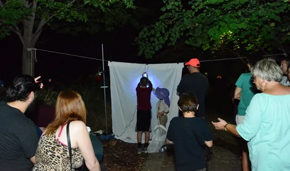 The Moth Night crowd at the Bohart Museum of Entomology awaiting moths. (Photo by Kathy Keatley Garvey)