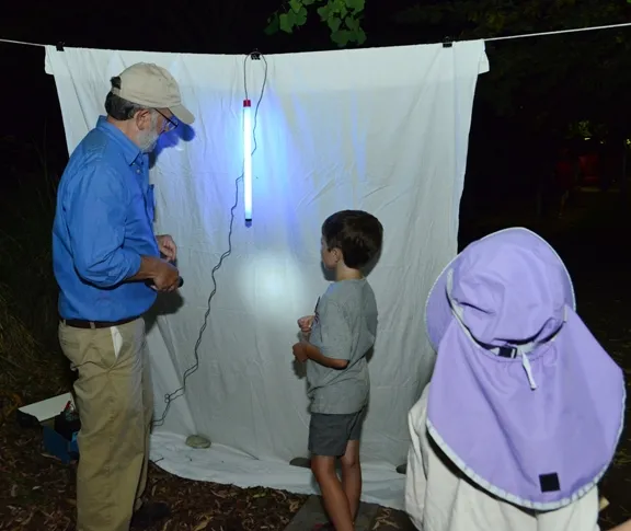 "Moth Man" John DeBenedictis of Davis explains the backlighting system to a youngster. (Photo by Kathy Keatley Garvey)