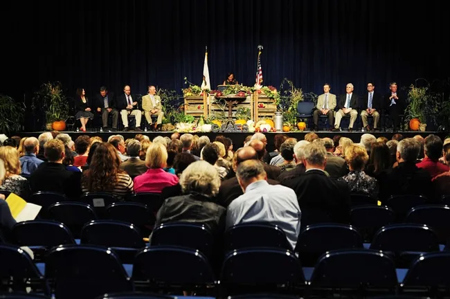 Helene Dillard, dean of the UC Davis College of Agricultural and Environmental Sciences, welcomes the crowd at the Oct. 2nd college celebration honoring recipients of the Award of Distinction. (Photo by Kathy Keatley Garvey)