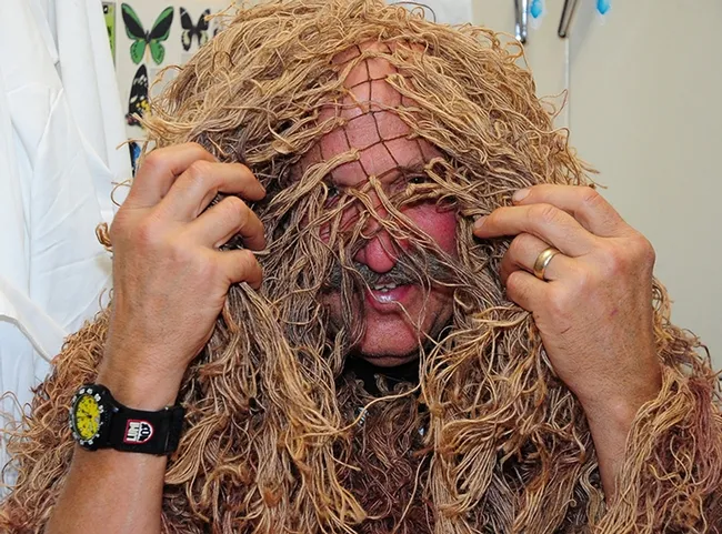 UC Davis faculy member/forensic entomologist Bob Kimsey in his ghillie suit. (Photo by Kathy Keatley Garvey)