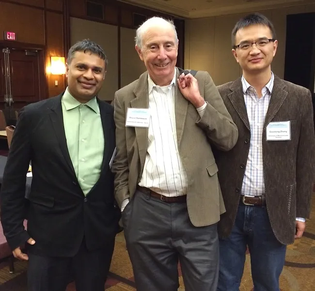 Bruce Hammock (center) with colleagues Dipak Panigrahy (left) of Harvard Medical School and Guodong Zhang of the University of Massachusetts. This photo was taken at the International Winder Eicosanoid (WEC) Conference in Baltimore, where Hammock received the first-ever John C. McGiff Award.