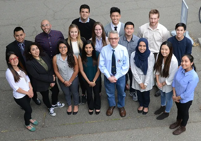 Coordinators of the symposium: (front row, from left) Esmeralda Curiel, Irene Orellano Bonilla, Nepheli Neeta Aji, Amarita Singh, Professor Walter Leal, Nida Ahmed, Leah Uto and Navjot Grewal. In the second row (from left) are John Tenorio, Mahmoud Jabaieh, Holly Vickery, Justin Hildebrand (back), Savannah Tobin, Christian Wirawan (back), Justin Hwang, James Warwick and Andre Tran. Not pictured: Hanni Newland. (Photo by Kathy Keatley Garvey)