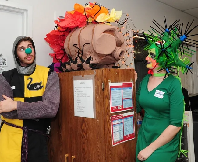 Doctoral candidate Charlotte Herbert and her fiance, George Alberts, made this tardigrade pinata. (Photo by Kathy Keatley Garvey)