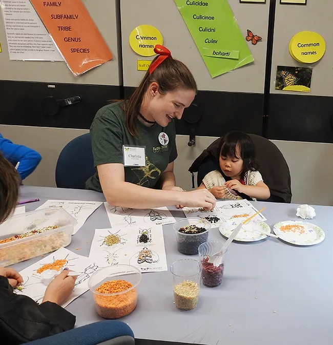 UC Davis entomology graduate student Charlotte Herbert helps Norah Nguyen of Vacavile, who will be three in January, with an arts and crafts activity. (Photo by Kathy Keatley Garvey)