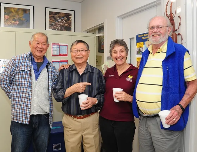Camaraderie: Distinguished emeriti professors from the UC Davis Department of Entomology and Nematology with Lynn Kimsey, director of the Bohart and professor of entomology. With her (from left) are Harry Kaya, Robert Washino and Robbin Thorp. (Photo by Kathy Keatley Garvey)
