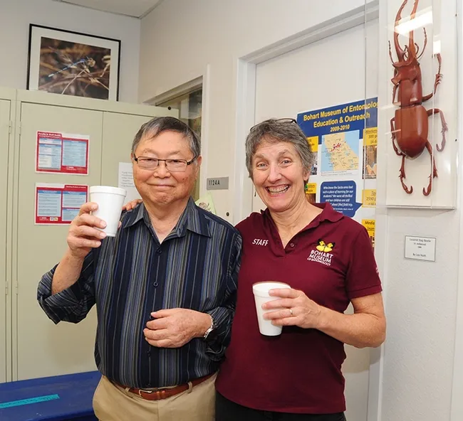Sharing coffee last week at the Bohart Museum were medical entomologist Robert Washino, emeritus professor and former chair of the UC Davis Department of Entomology (now Entomology and Nematology) and Lynn Kimsey, director of the Bohart Museum and UC Davis professor of entomology. (Photo by Kathy Keatley Garvey)