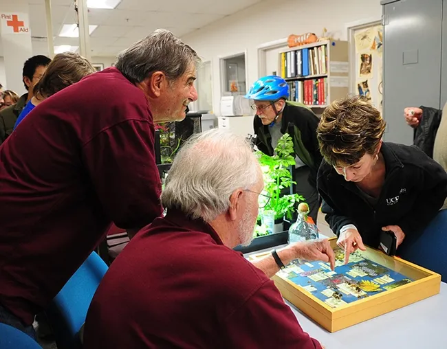 Davis resident Ria deGrassi talks about finding an unusual bee in her yard. At left are Robbin Thorp (foreground), UC Davis distinguished emeritus professor of entomology, and Bohart associate Greg Kareofelas (next to him).