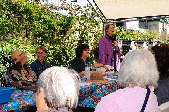 Entomologist/author Sally "Sal" Levinson speaks to the crowd. On the panel (from left) are Mia Monroe of the Xerces Society, Amber Hasselbring of San Francisco's Nature in the City, and Tora Rocha of the Pollinator Posse. (Photo by Kathy Keatley Garvey)