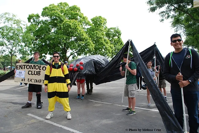UC Davis Entomology Club members with the black widow spider float are (from left) Darian Dungey, James Fong, Chloe Shott (partially shown), Ben Maples (partially shown) James Heydon, Maia Lundy, Diego Rivera. Lundy is the president of the club. (Photo by Melissa Cruz)