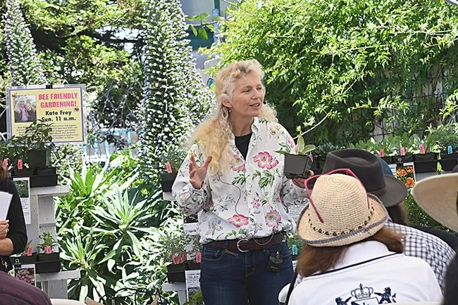 Award-winning garden designer, author and pollinator specialist Kate Frey addresses a recent crowd at Annie's Annuals and Perennials. Her topic: "Gardening for Bees, Beauty and Diversity." (Photo by Kathy Keatley Garvey)