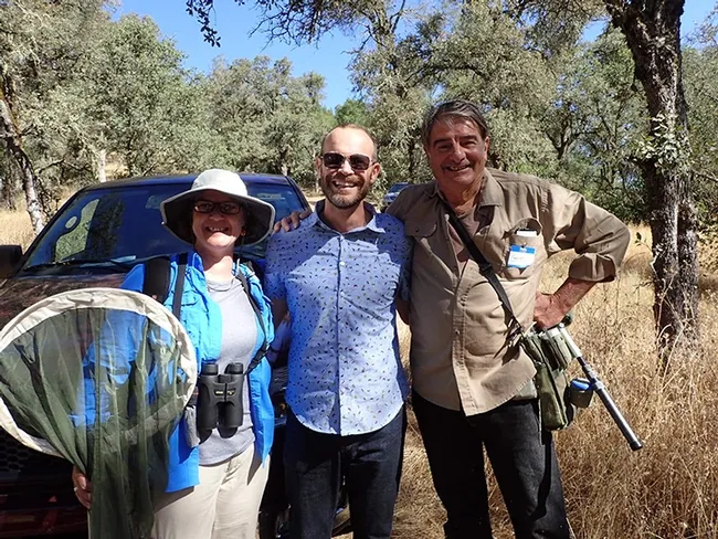Bohart Museum of Entomology associates Fran Keller (left) and Greg Kareofelas pose with Rob Stewart of "Rob on the Road." Keller, an entomologist with a doctoral degree from UC Davis, is an assistant professor at Folsom Lake College, and Kareofelas is a naturalist/photographer.