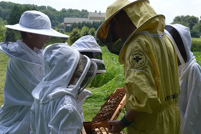 "Bee Girl" Sarah Red-Laird shows youngsters a hive. However, at the Sept. 5th program at UC Davis, the first graders will not be opening a hive. (Photo courtesy of Sarah Red-Laird)