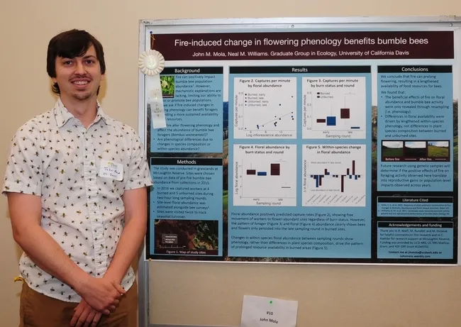 The third-place winner of $500 in the Graduate Student Research Poster competition went to John Mola of UC Davis for his "Fire-Inducted Change in Flowering Phenology Benefits Bumble Bees." (Photo by Kathy Keatley Garvey)