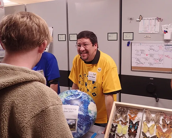 Dave Wyatt, professor at Sacramento City College, talks about his latest collecting trip to Belize. He and Fran Keller, assistant professor at Folsom Lake College, coordinate the trips and many of the specimens are now "at home" in the Bohart Museum. (Photo by Kathy Keatley Garvey)