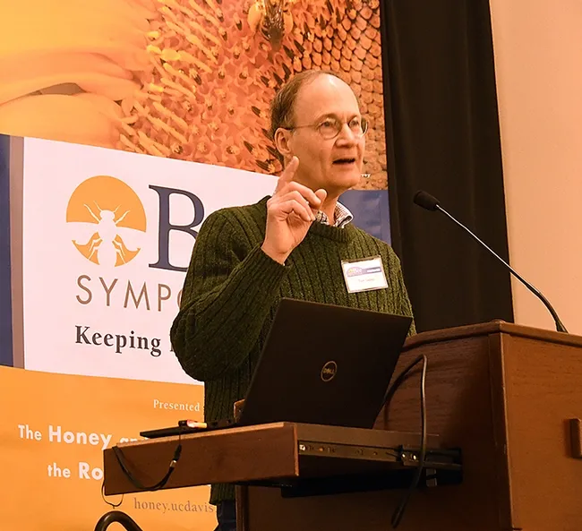 "Honey bees are superb beekeepers; they know what they're doing," keynote speaker Tom Seeley tells the fourth annual UC Davis Bee Symposium. (Photo by Kathy Keatley Garvey)
