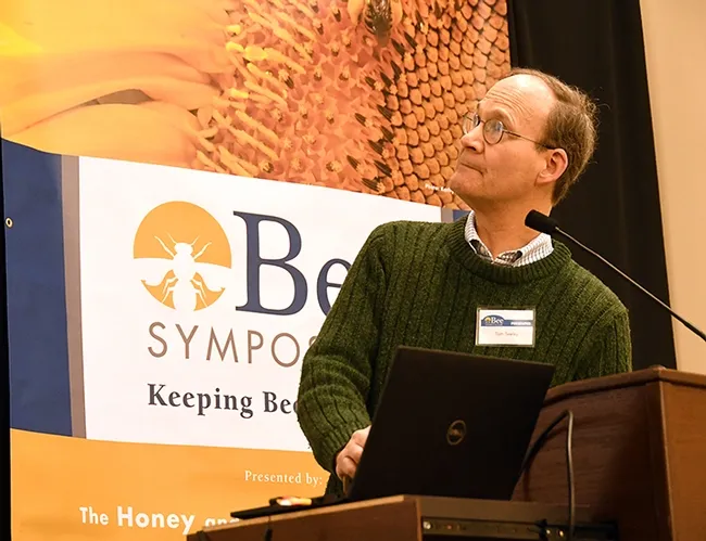 "Darwinian beekeeping is allowing the bees to use their own beekeeping skills fully," keynote speaker Tom Seeley says. (Photo by Kathy Keatley Garvey)
