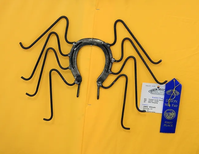 Jake Vinum, 15, of Vacaville, won a blue ribbon for his wall hanging, titled "Horseshoe Spider," cleverly crafted with a horseshoe and "spider legs." (Photo by Kathy Keatley Garvey)