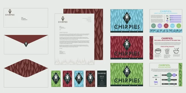 Graphic design examples by UC Davis student Emily Liu comprise her business system revolving around crickets: "Chirpies."