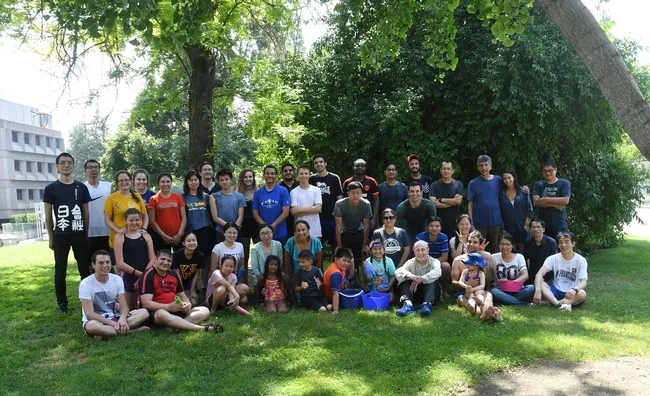 The water warriors pose for a group photo, marking the finish of the 15th annual Bruce Hammock Lab Water Balloon Battle. (Photo by Kathy Keatley Garvey)