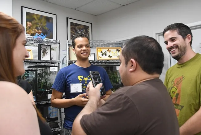 Entomologist and Bohart associate Noah Crockette talks about the critters in the live "petting zoo." He will enter Cornell University this fall, majoring in entomology. (Photo by Kathy Keatley Garvey)