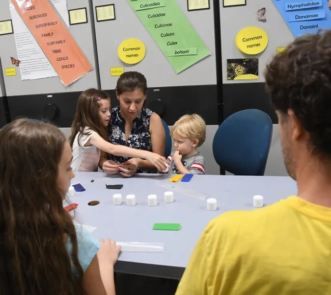 Visitors to the Bohart Museum's Moth Night enjoyed the family craft activity--decorating wax candles with replicas of moths and butterflies. (Photo by Kathy Keatley Garvey)