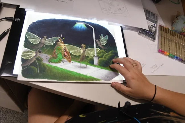 This humorous mayfly illustration, "The swarmers are attracted to lights and tend to expose themselves in the evenings," appears in the 2019 Bohart Museum calendar. That sentence was written by a UC Davis student in Professor Lynn Kimsey's class. The calendar illustrations are all the work of entomologist/artist Karissa Merritt, a UC Davis student. (Photo by Kathy Keatley Garvey)